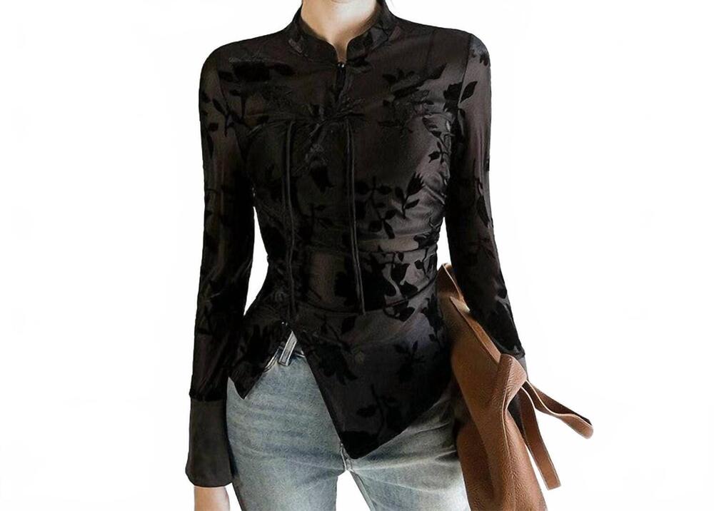 NEW UZWHOLESALE printed buttoned stand collar long sleeve slim fit top in black